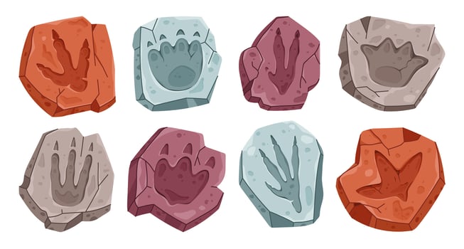 Dinosaur archaeology fossil footprint dino paw set vector