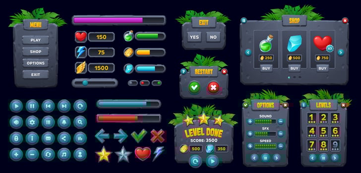 Game UI, jungle forest stone interface buttons vector