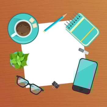 Top View of Modern Workplace, Wooden Desk with Smartphone, Notepad, Blank Sheet of Paper and Coffee Cup Flat Illustration vector