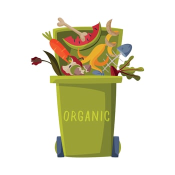 Waste Sorting, Green Trash Can with Sorted Organic Garbage, Segregation and Separation Rubbish Disposal Refuse Bin Illustration vector