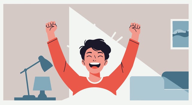 Illustration of a man waking up in bed with his hands up vector