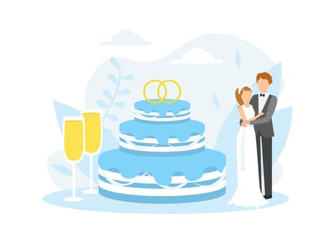 Just Married Couple Standing Next Huge Wedding Cake and Two Glasses of Champagne Flat Illustration vector