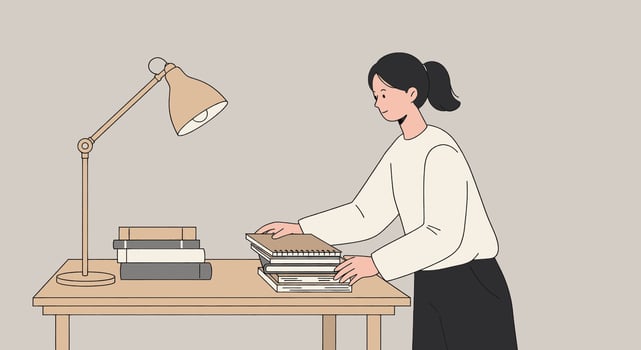 A woman is sitting at a desk with a lamp and books vector