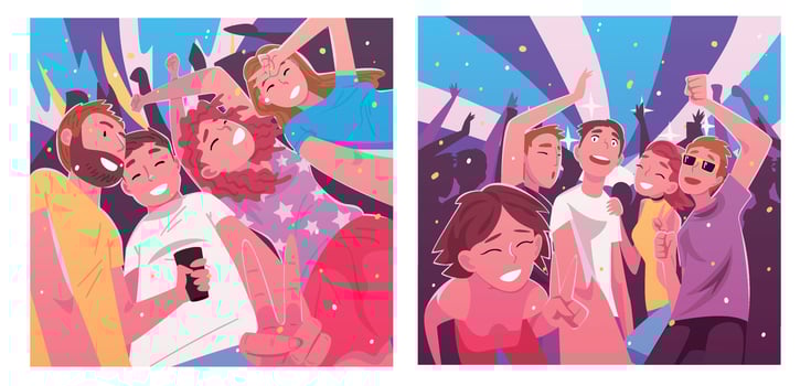 People Dancing and Making Selfie in Nightclub Set, Happy Men and Women Having Fun at Party or Music Festival Illustration vector