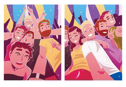 Happy People Dancing and Making Selfie Set, Men and Women Having Fun at Party, Nightclub or Music Festival Illustration vector