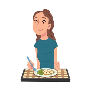 Young Woman Enjoying Eating of Healthy Food, Cheerful Girl Sitting at Table with Checkered Tablecloth Cartoon Illustration vector