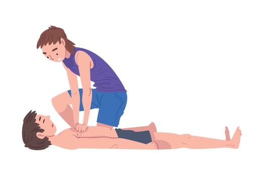 First Aid to Drowned Person, Young Woman Doing Cardiac Massage Illustration on White Background. vector