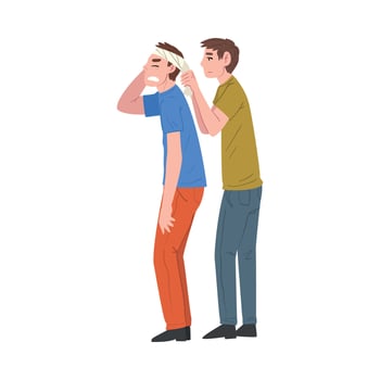 Man Bandaging Head of Injured Person, Guy Helping Young Man with Injury, First Aid Illustration vector