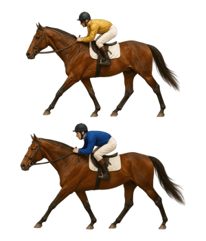 Two jockeys riding brown horses in racing pose isolated on transparent background, png