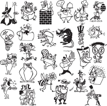 cartoon characters and animals in various poses vector