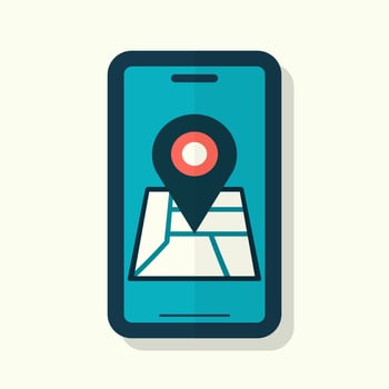 Navigational app shows location pinpointed on phone cartoon flat design illustration vector