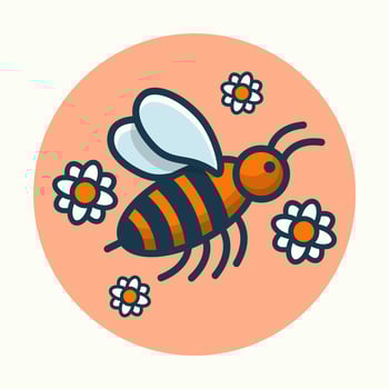 Whimsical bee buzzes around floral meadow cartoon flat design illustration vector