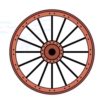 Wild west cart wheel. Cowboy western and wild west theme concept. Hand drawn illustration. Doodle icon. Wooden wheel vector