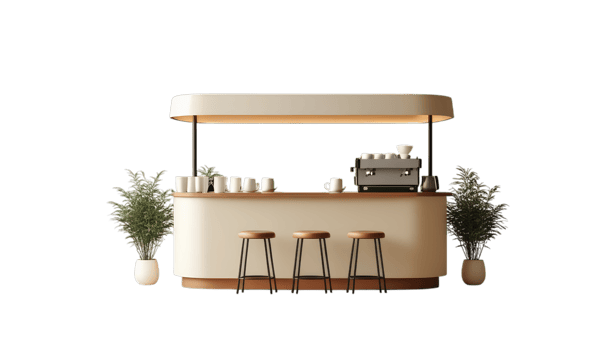 A stylish cafe bar area with seating, plants, and a minimalistic design, suitable for hospitality, interior decor, restaurant concept, lifestyle, or commercial space. png