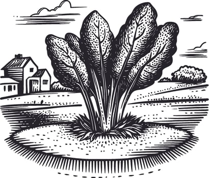 Detailed Black and White Illustration of a Leafy Plant and House vector