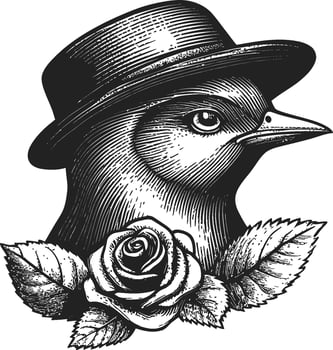 Stylish Bird with Hat and Rose in Artistic Black and White Illustration vector