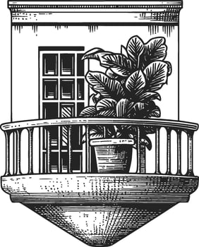 Detailed Illustration of Balcony with Potted Plant and Window Design vector