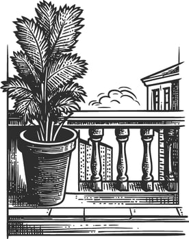 Vintage Style Illustration of Potted Plant on Balcony in Black and White vector