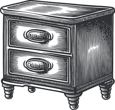 Hand-Drawn Vintage Nightstand with Two Drawers in Black and White vector