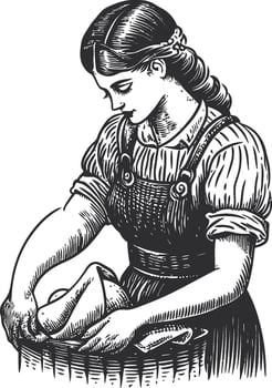 Vintage Hand-drawn Illustration of a Woman Doing Laundry by Hand vector