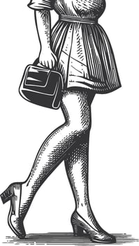 Stylish Woman Walking with Handbag in Vintage Illustration vector