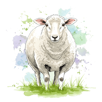 A fluffy sheep standing in green grass with watercolor splatter behind it on a plain setting on transparent background png