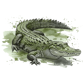 A watercolor style rendering of a crocodile with a textured skin and a watchful yellow eye looking forward on transparent background png