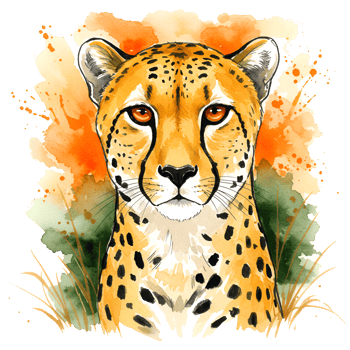 Watercolor cheetah portrait with orange and green accents looking directly at the viewer closely up on transparent background png