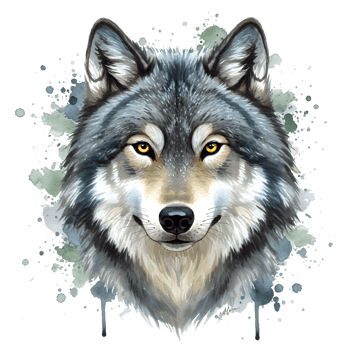 Watercolor style portrait of a wolf with yellow eyes and a neutral expression on a transparent field on transparent background png
