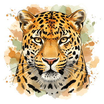 Watercolor style frontal portrait of a leopard with orange and green paint splatters around it on transparent background png