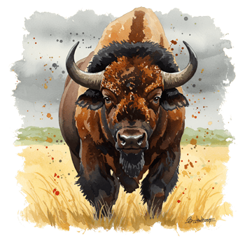 Watercolor painting of a bison standing in a field with a cloudy sky in the background artwork style on transparent background png