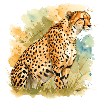 Watercolor painting of a cheetah sitting in grass with a colorful abstract splash around it looking right on transparent background png