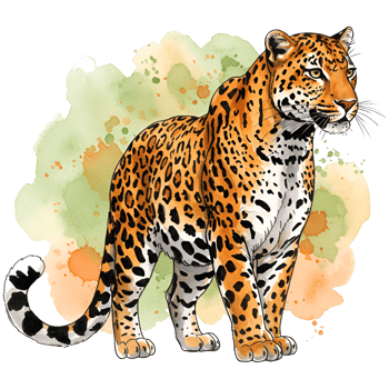 Standing leopard with spotted coat against a watercolor style green and orange splash design element on transparent background png