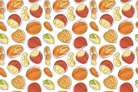 Seamless pattern of hand drawn nuts peanut, walnut, almond, pistachio, cashew, macadamia, pecan and hazelnut in flat style on white background. Perfect for textile, packaging, menu, store design. vector