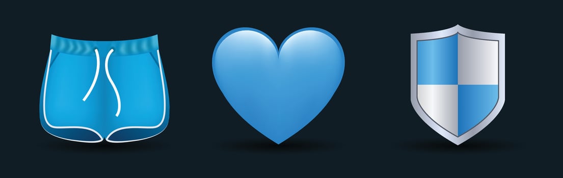 3 emoticons isolated on white background. Blue color heart, shorts, shield emoji illustration. 3d illustration set. vector