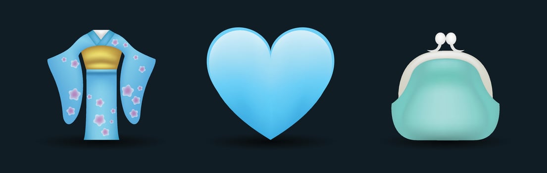3 emoticons isolated on white background. Blue color heart, Chinese traditional dress, woman bag emoji illustration. 3d illustration set. vector