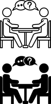 Consultation Icons. Black and White Illustrations. Specialist Gives Advice. Two People Sitting at the Table and Talking. Concept Speaking vector