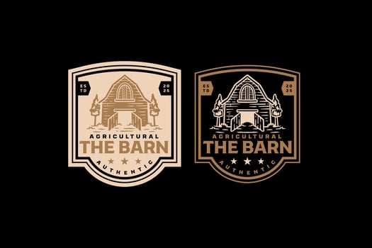wooden farmhouse barn traditional building with trees retro badge logo design set for farm, harvest, agricultural. ranch vintage illustration label emblem element design graphic collections vector