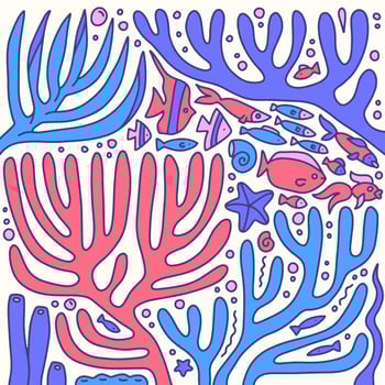 Hand drawn doodle underwater natural ornate composition. Sketch of reef corals and swimming fishes. Colorful contour illustration. vector