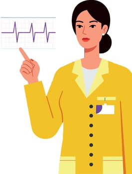 Female doctor in yellow coat pointing at heart rate monitor illustration vector