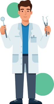 Male dentist with dental tools in white coat holding mirror and tweezers illustration vector