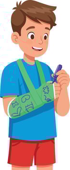 Boy with green arm cast drawing on cast with purple marker cheerful illustration vector