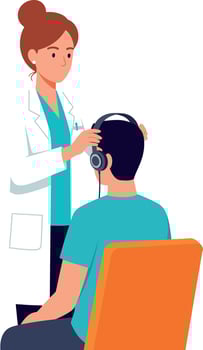 Audiologist examining patient with headphones in medical office illustration vector