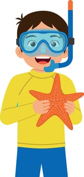 Child holding starfish wearing snorkeling gear and yellow shirt illustration vector