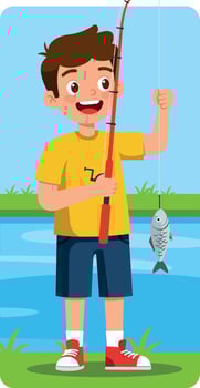 Boy fishing with rod catching fish by lake summer outdoor fun activity illustration vector