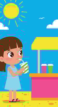 Young girl drinking juice at colorful outdoor stand under bright sunny sky illustration vector