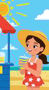 Girl drinking lemonade under sun at beach in red swimsuit summer illustration vector