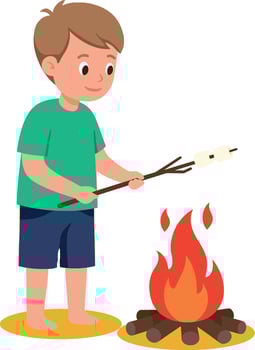 Boy roasting marshmallow over campfire in green shirt and navy shorts illustration vector