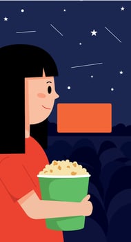 Girl watching night sky with popcorn bucket enjoying outdoor movie night illustration vector