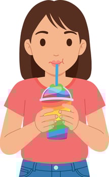 Girl drinking colorful rainbow slushie cup with straw illustration vector